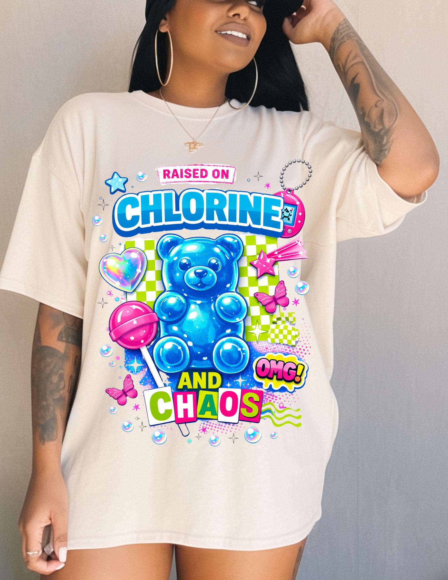 Raised on Chlorine and Chaos Neon Candy Bear Graphic T-Shirt Summer Pool Vibes Tee
