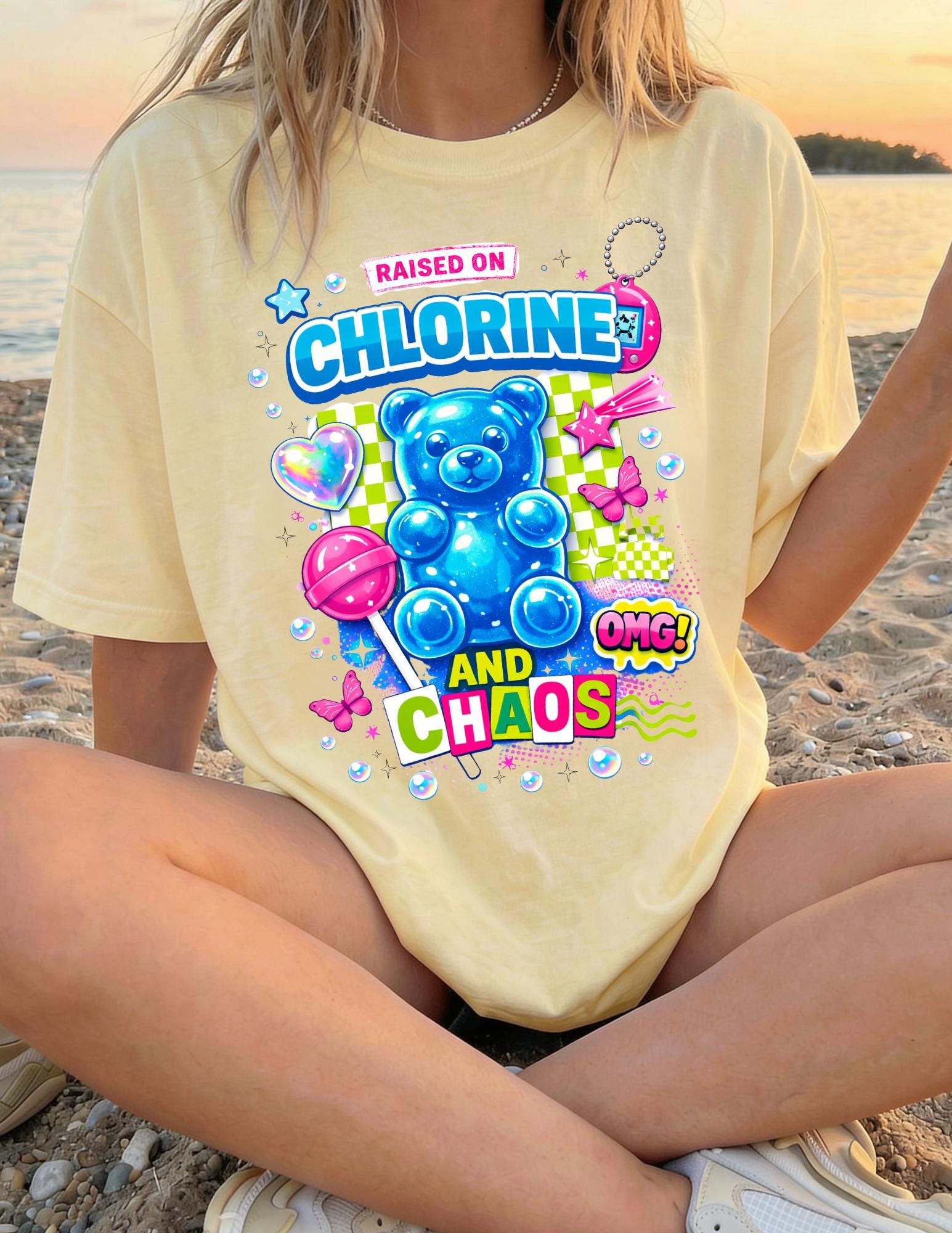 Raised on Chlorine and Chaos Neon Candy Bear Graphic T-Shirt Summer Pool Vibes Tee