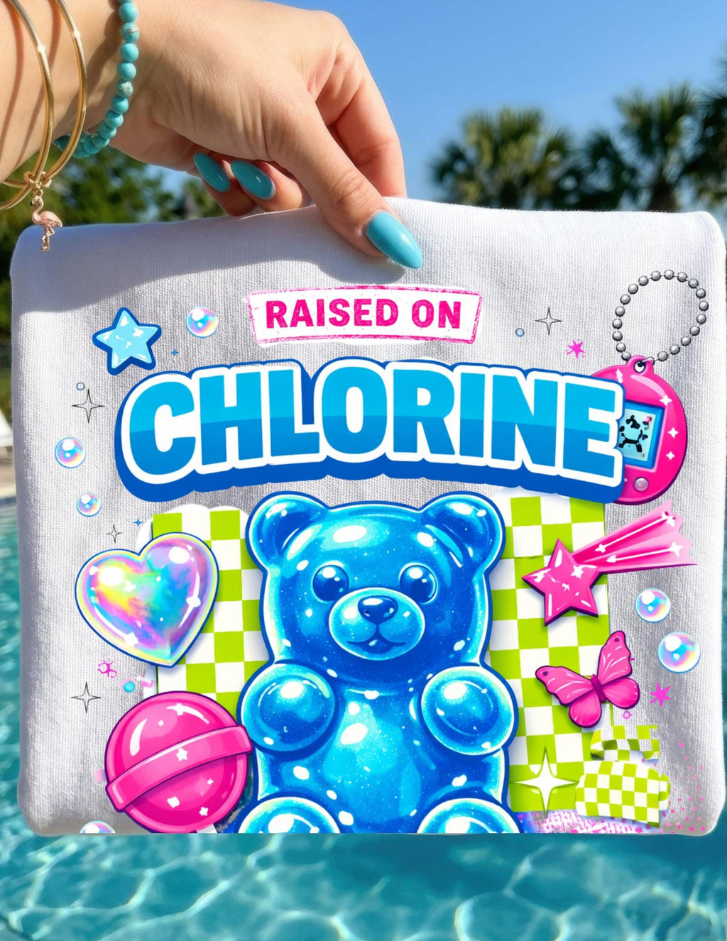 Raised on Chlorine and Chaos Neon Candy Bear Graphic T-Shirt Summer Pool Vibes Tee