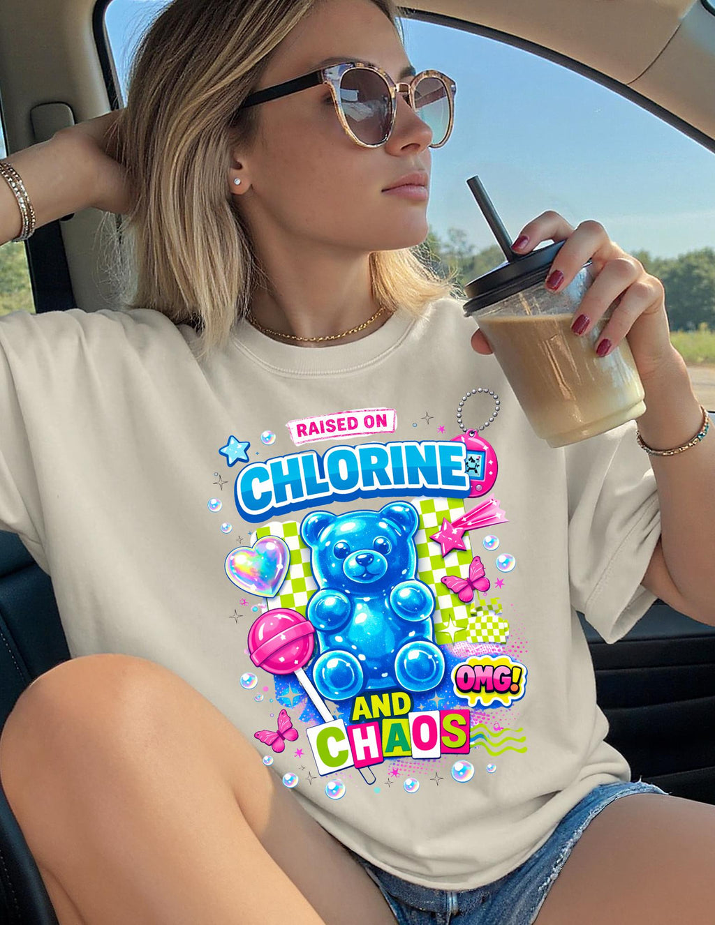Raised on Chlorine and Chaos Neon Candy Bear Graphic T-Shirt Summer Pool Vibes Tee