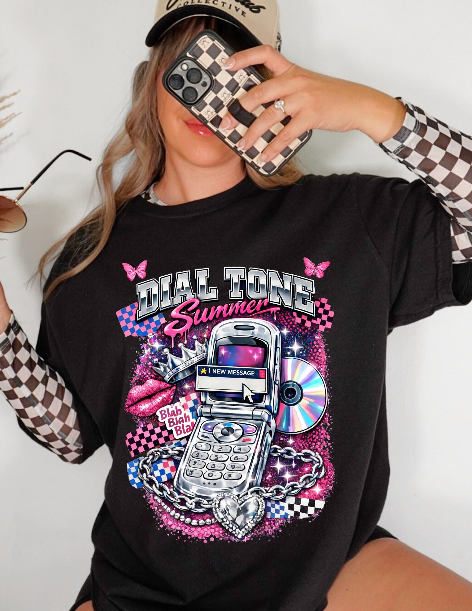 Retro Flip Phone Graphic T-Shirt | Y2K CD Checkerboard Tee