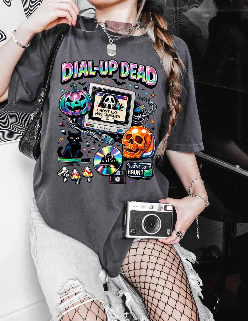 Dial-Up Dead Retro Horror Computer T-Shirt Halloween Skull Pumpkin Design Gothic Vintage Tee