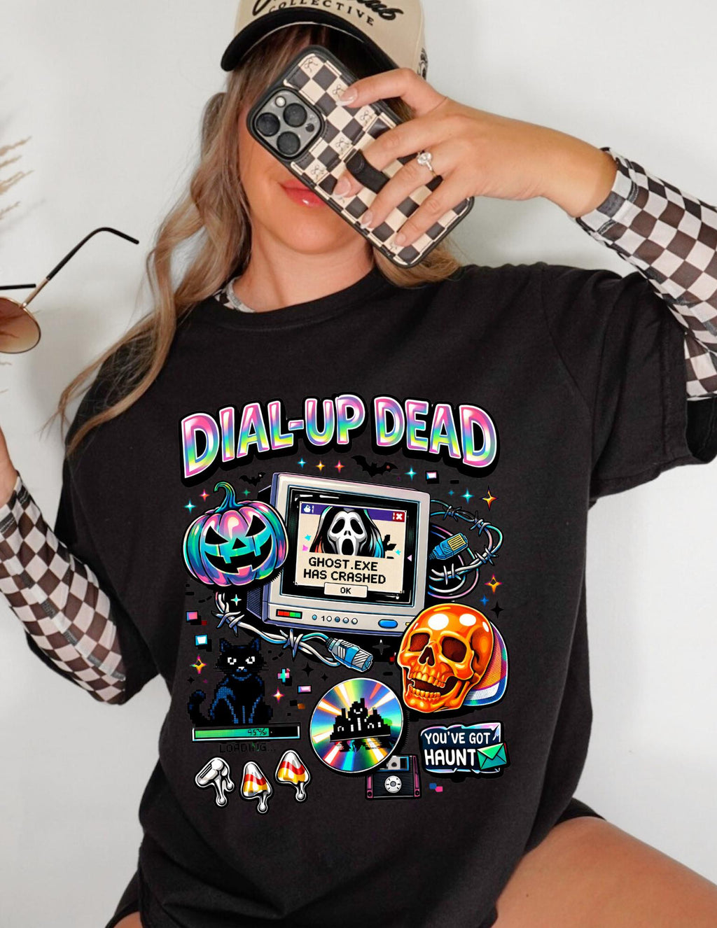 Dial-Up Dead Retro Horror Computer T-Shirt Halloween Skull Pumpkin Design Gothic Vintage Tee