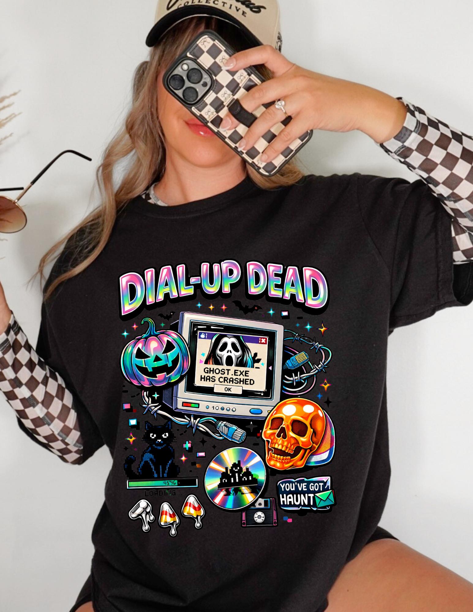 Dial-Up Dead Retro Horror Computer T-Shirt Halloween Skull Pumpkin Design Gothic Vintage Tee