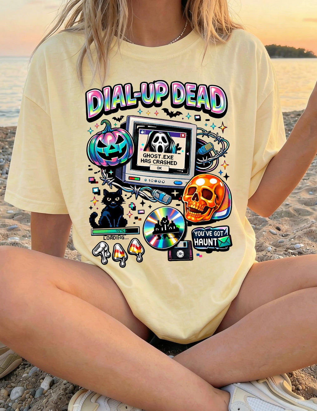 Dial-Up Dead Retro Horror Computer T-Shirt Halloween Skull Pumpkin Design Gothic Vintage Tee
