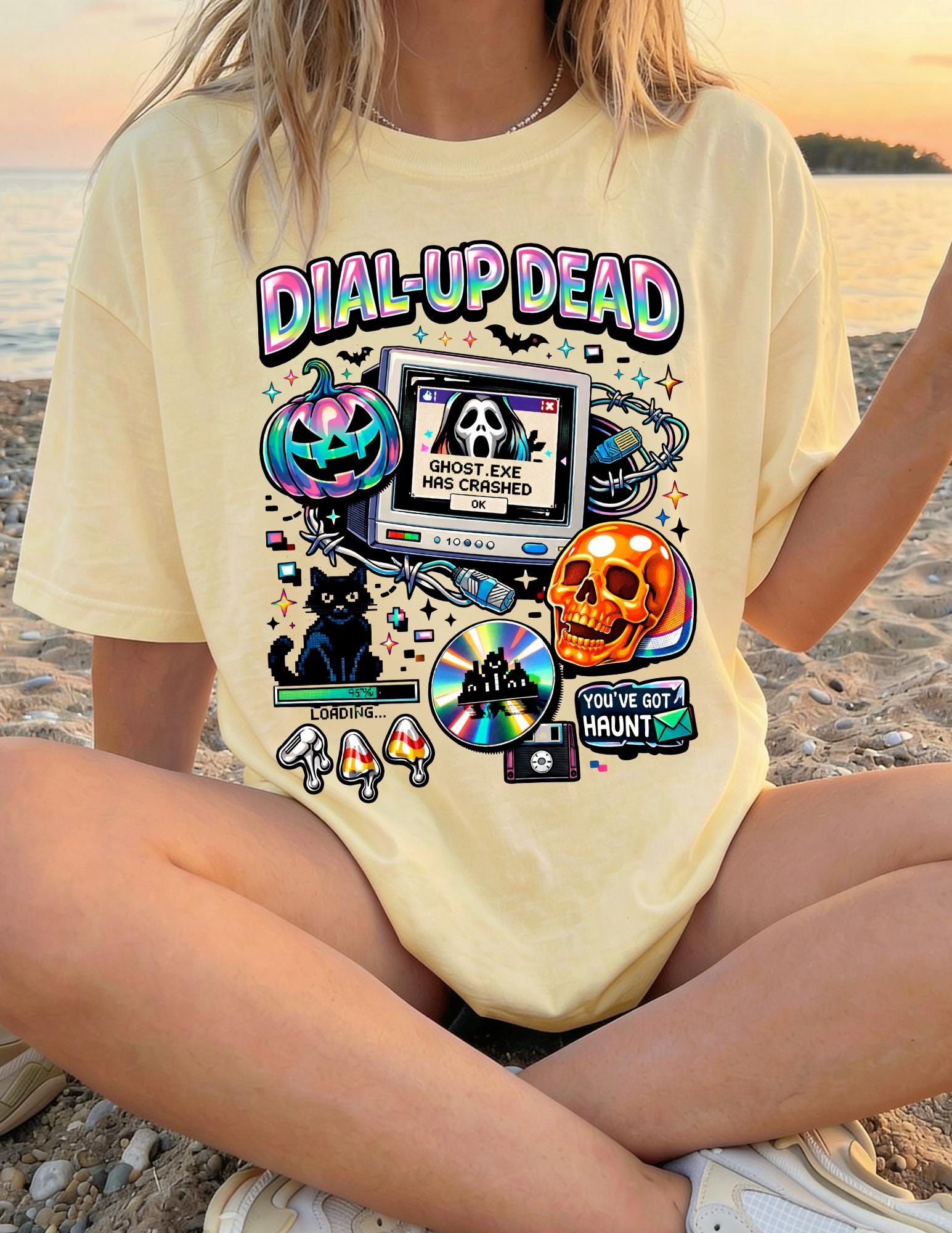 Dial-Up Dead Retro Horror Computer T-Shirt Halloween Skull Pumpkin Design Gothic Vintage Tee