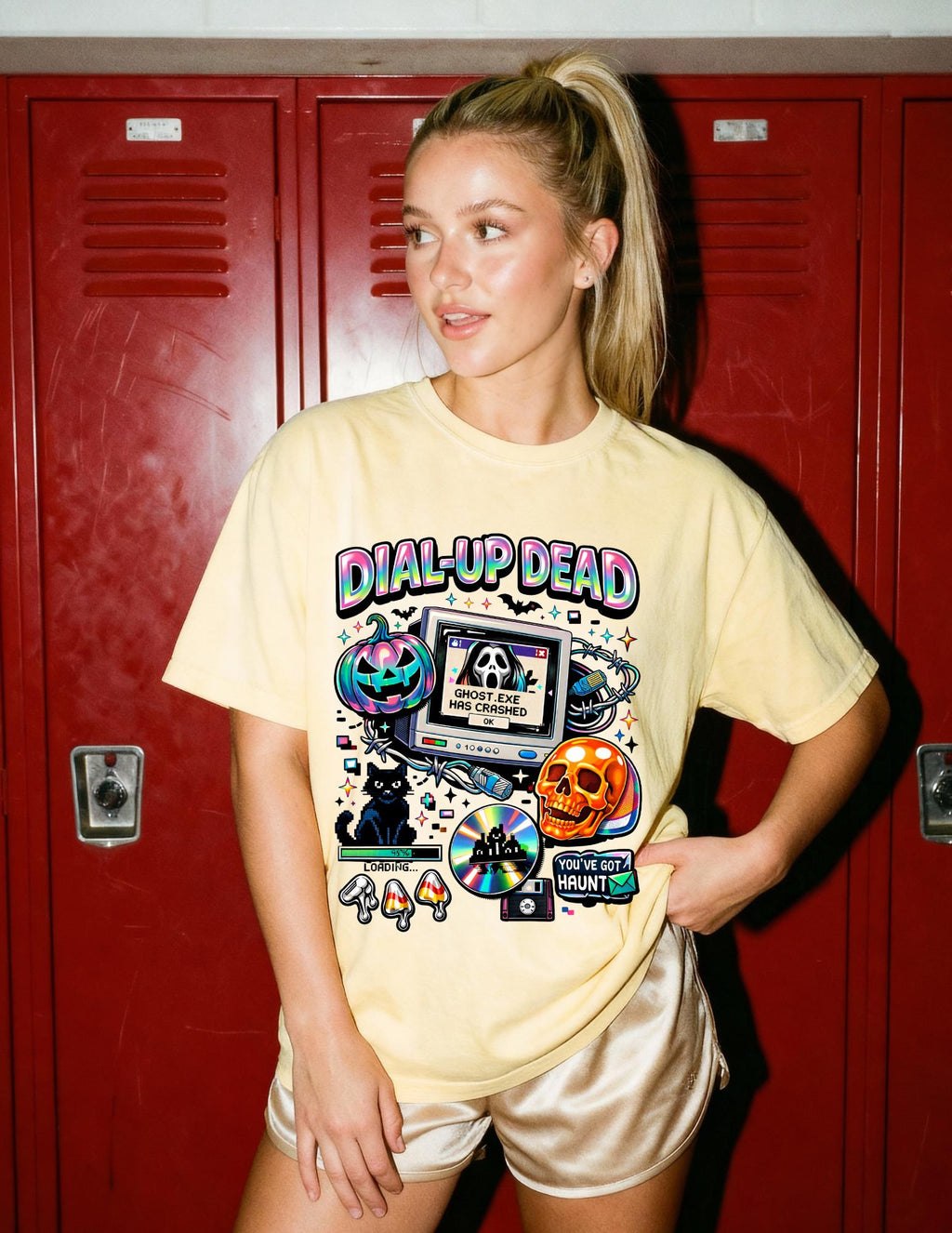 Dial-Up Dead Retro Horror Computer T-Shirt Halloween Skull Pumpkin Design Gothic Vintage Tee