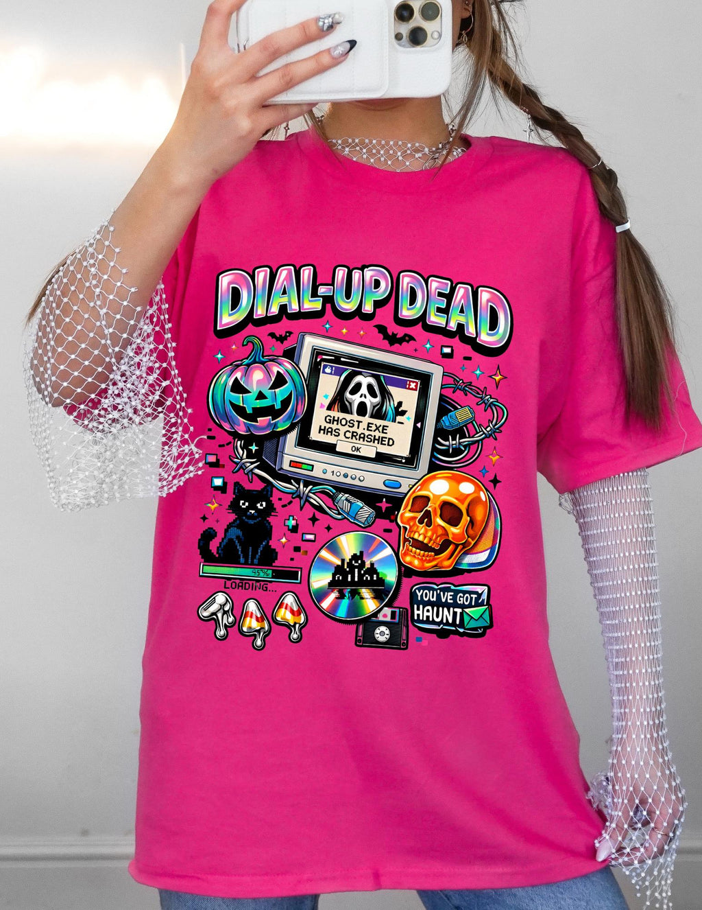 Dial-Up Dead Retro Horror Computer T-Shirt Halloween Skull Pumpkin Design Gothic Vintage Tee