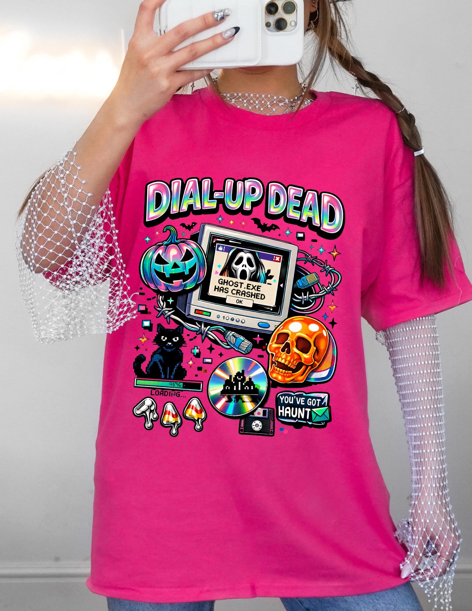 Dial-Up Dead Retro Horror Computer T-Shirt Halloween Skull Pumpkin Design Gothic Vintage Tee
