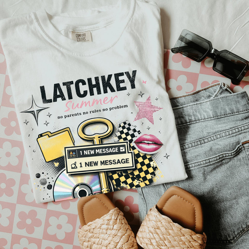 Latchkey Summer Graphic T-Shirt | Retro Icons Key CD Messages Pastel Collage Vintage Tee