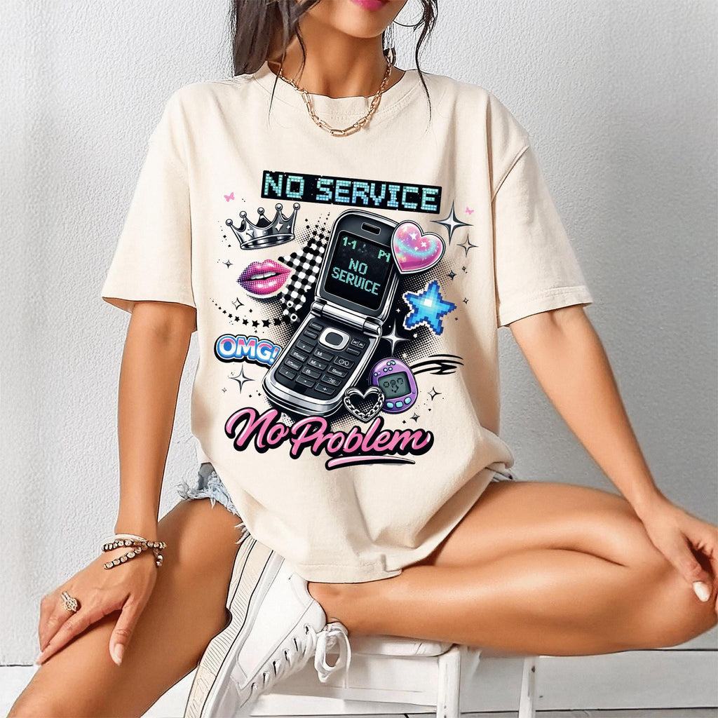 No Service Flip Phone Graphic Tee, Y2K Nostalgia Retro Top