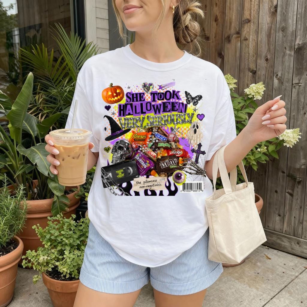 She Took Halloween Collage T-Shirt | Candy Pumpkins Spooky Elements Gothic Witchy Alternative Unisex Tee