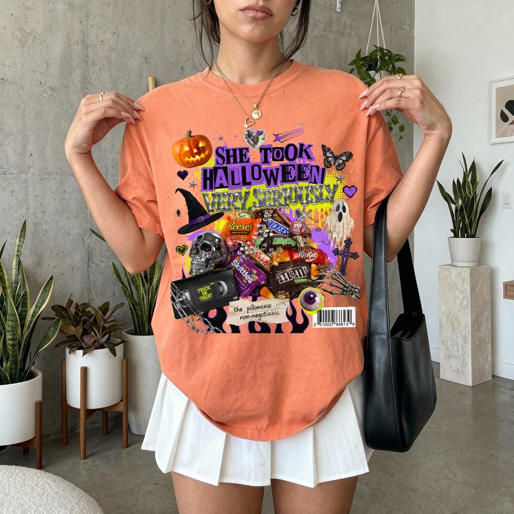 She Took Halloween Collage T-Shirt | Candy Pumpkins Spooky Elements Gothic Witchy Alternative Unisex Tee