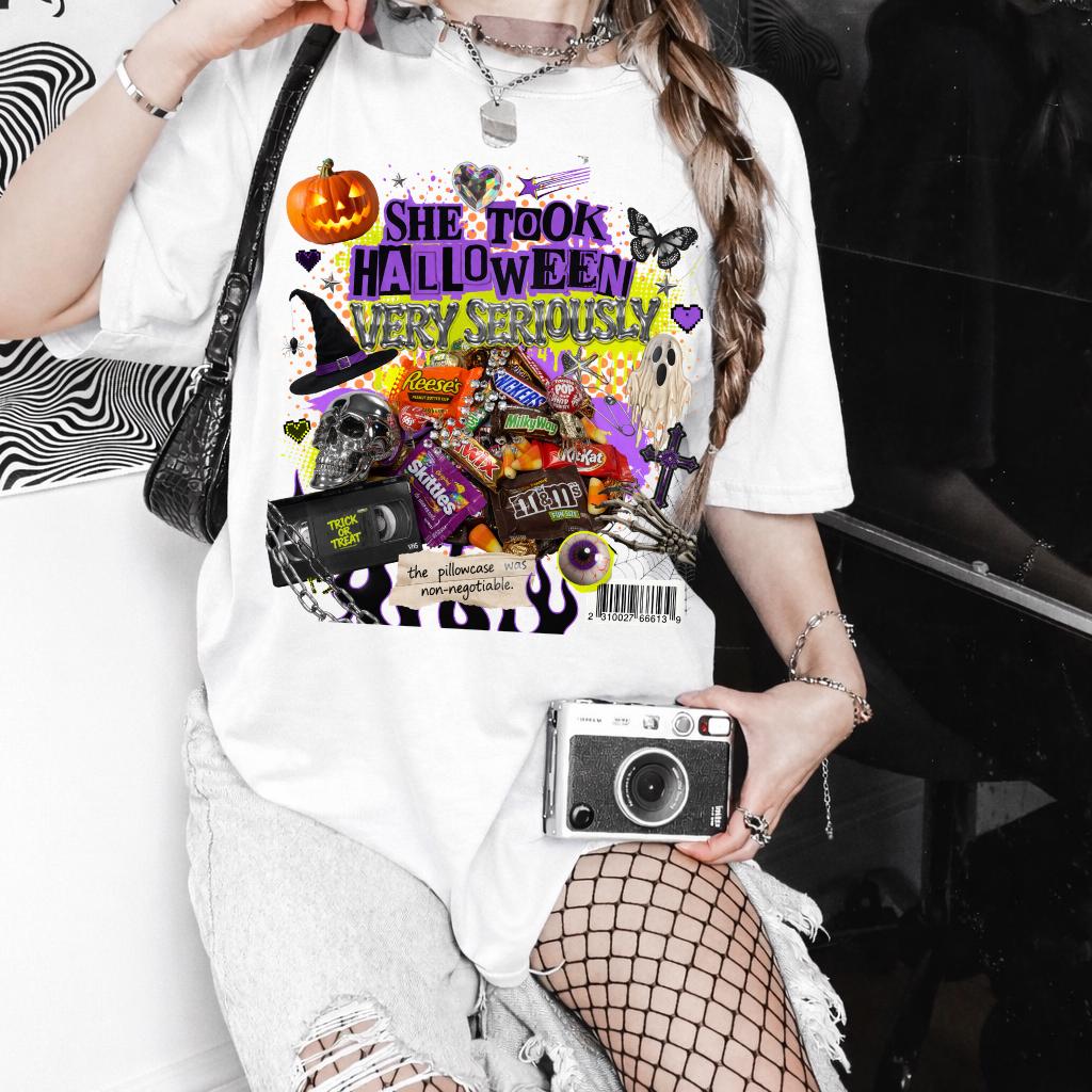 She Took Halloween Collage T-Shirt | Candy Pumpkins Spooky Elements Gothic Witchy Alternative Unisex Tee