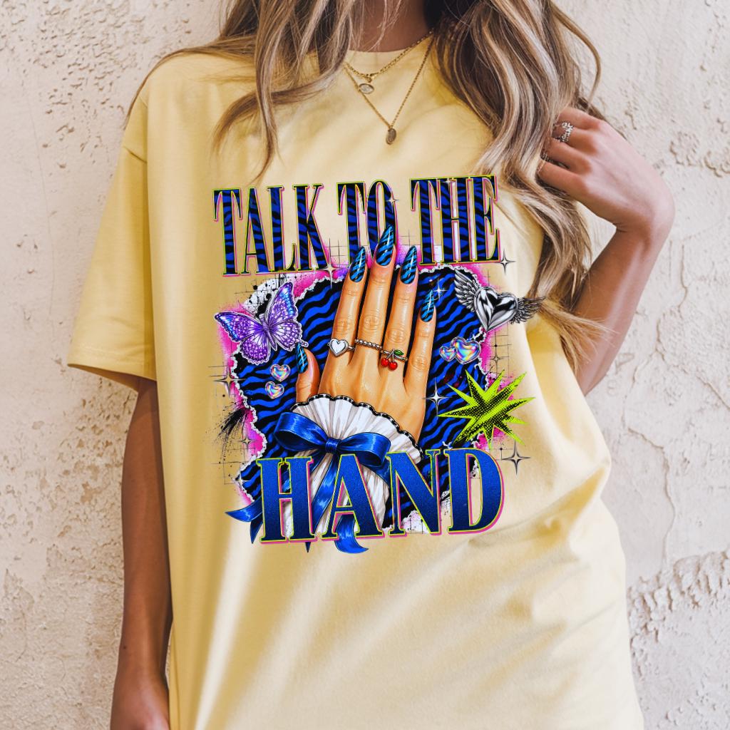 Talk To The Hand Graphic Tee | Retro Blue Roses Slogan Unisex Shirt