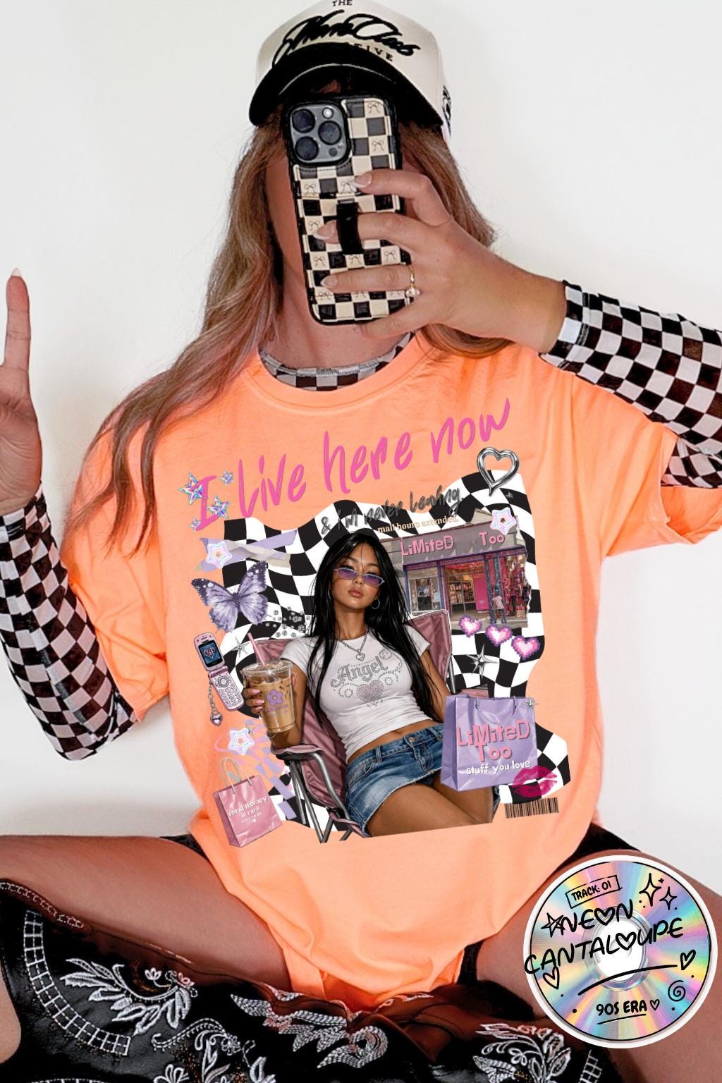 I Live Here Now graphic tee | Retro diner girl illustration, checkered collage