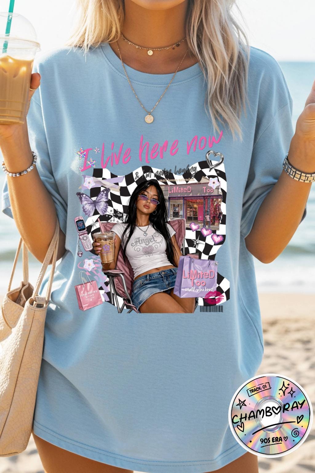 I Live Here Now graphic tee | Retro diner girl illustration, checkered collage