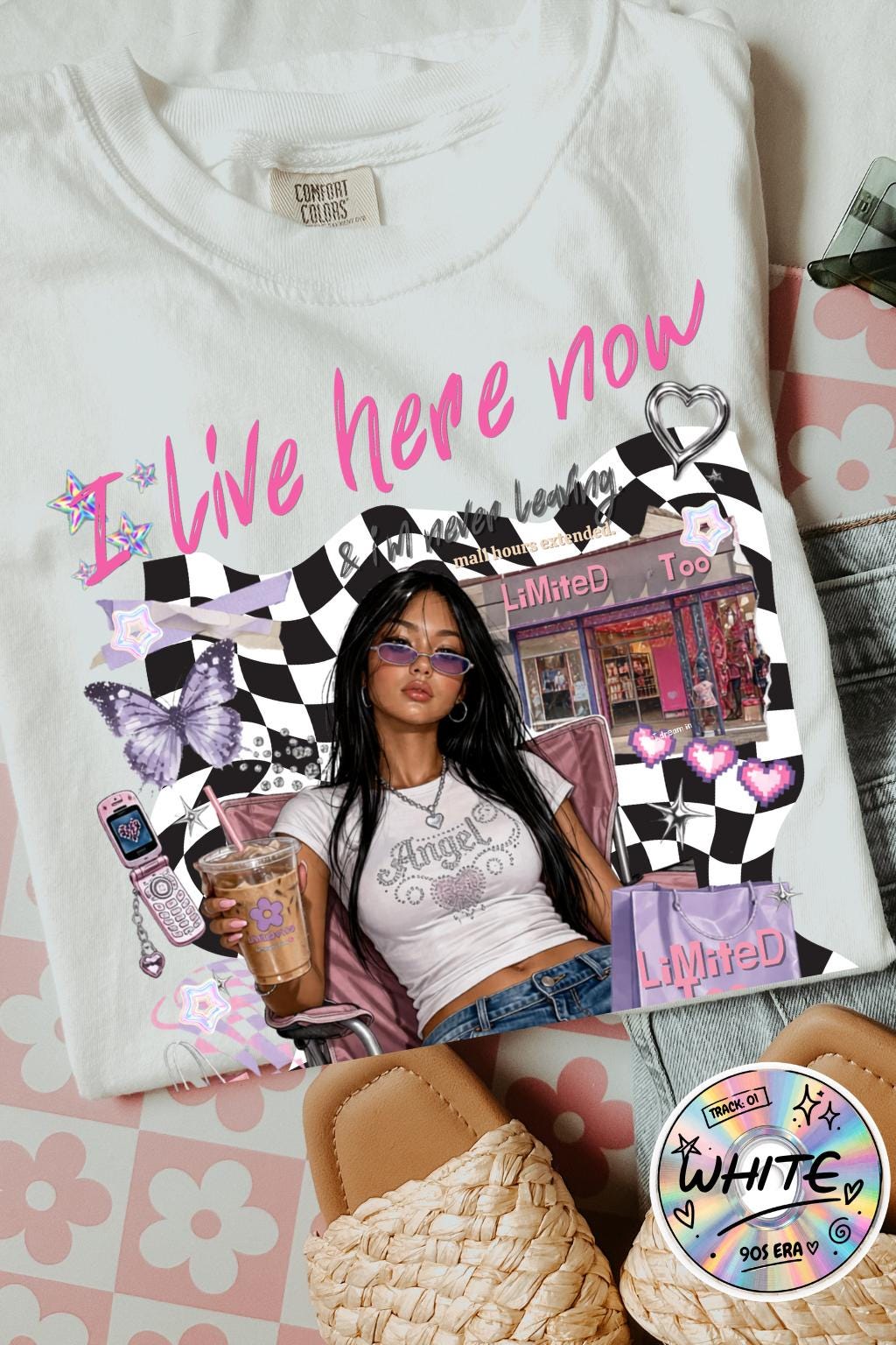 I Live Here Now graphic tee | Retro diner girl illustration, checkered collage