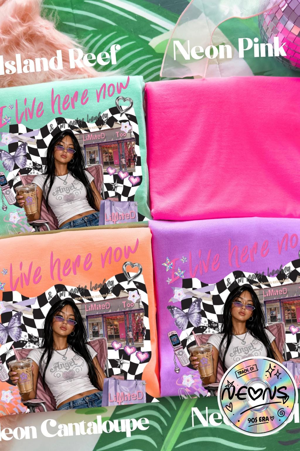 I Live Here Now graphic tee | Retro diner girl illustration, checkered collage