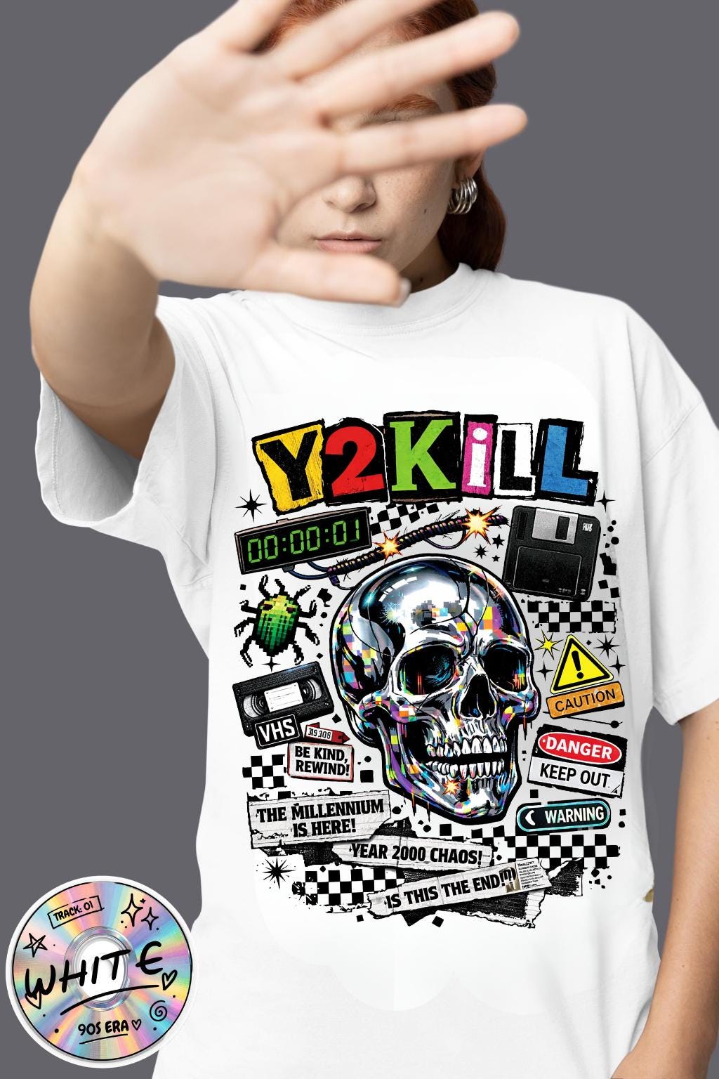 Y2K Skull Collage T-Shirt | Retro Tech, Floppy Disk, Checkerboard