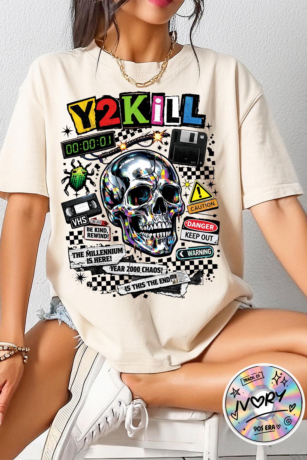 Y2K Skull Collage T-Shirt | Retro Tech, Floppy Disk, Checkerboard