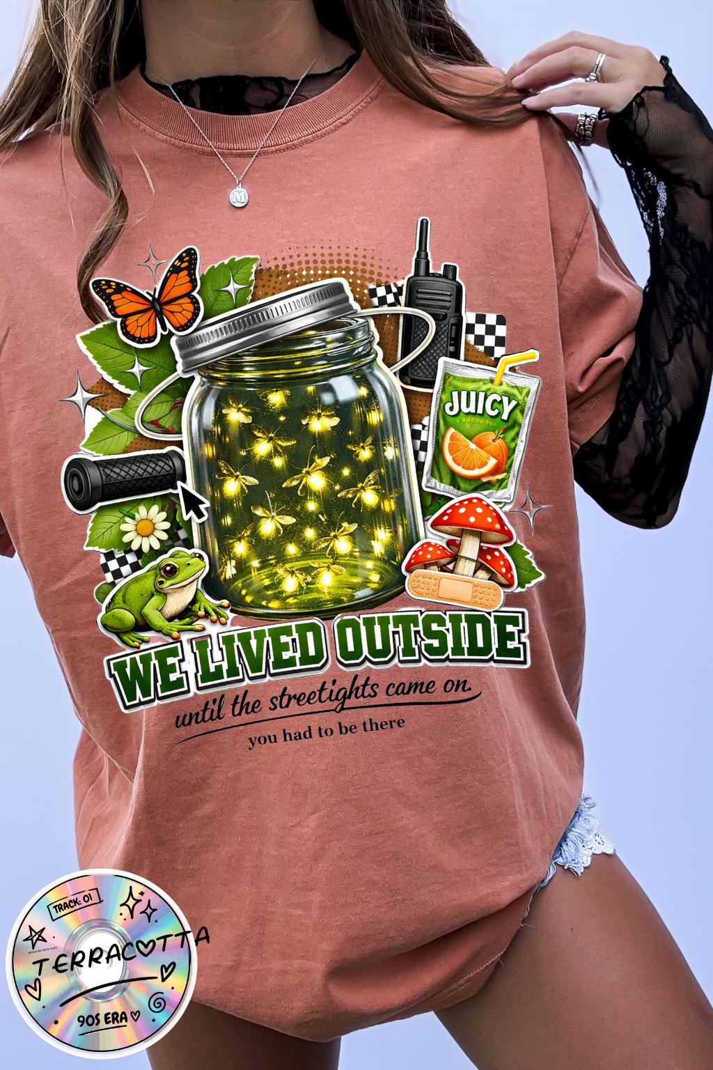 We Lived Outside firefly jar T-Shirt | Vintage Mason Jar Nature Graphic