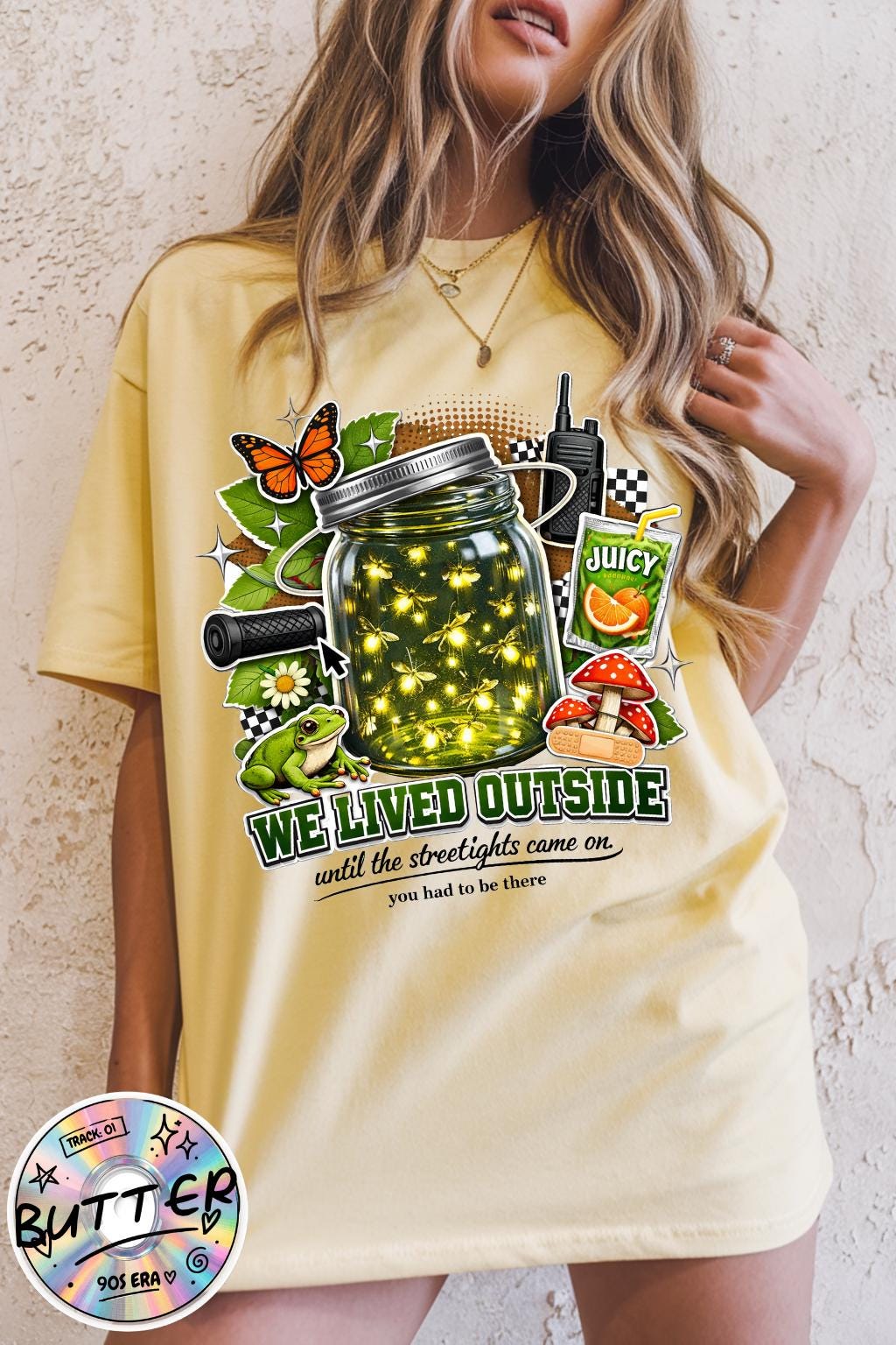 We Lived Outside firefly jar T-Shirt | Vintage Mason Jar Nature Graphic