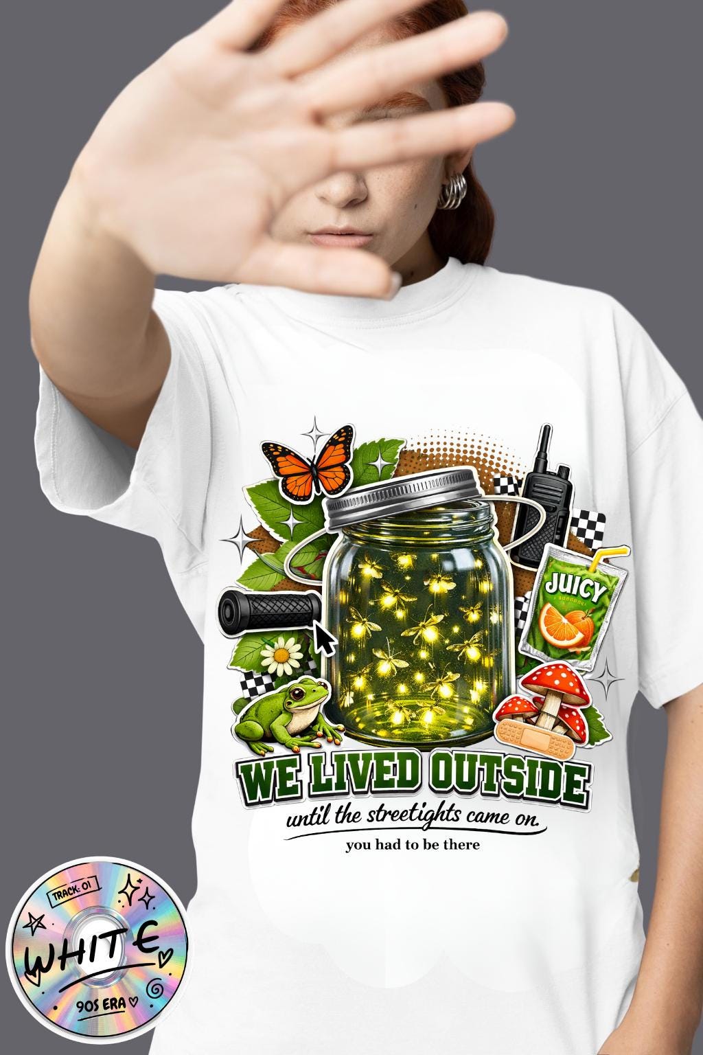 We Lived Outside firefly jar T-Shirt | Vintage Mason Jar Nature Graphic
