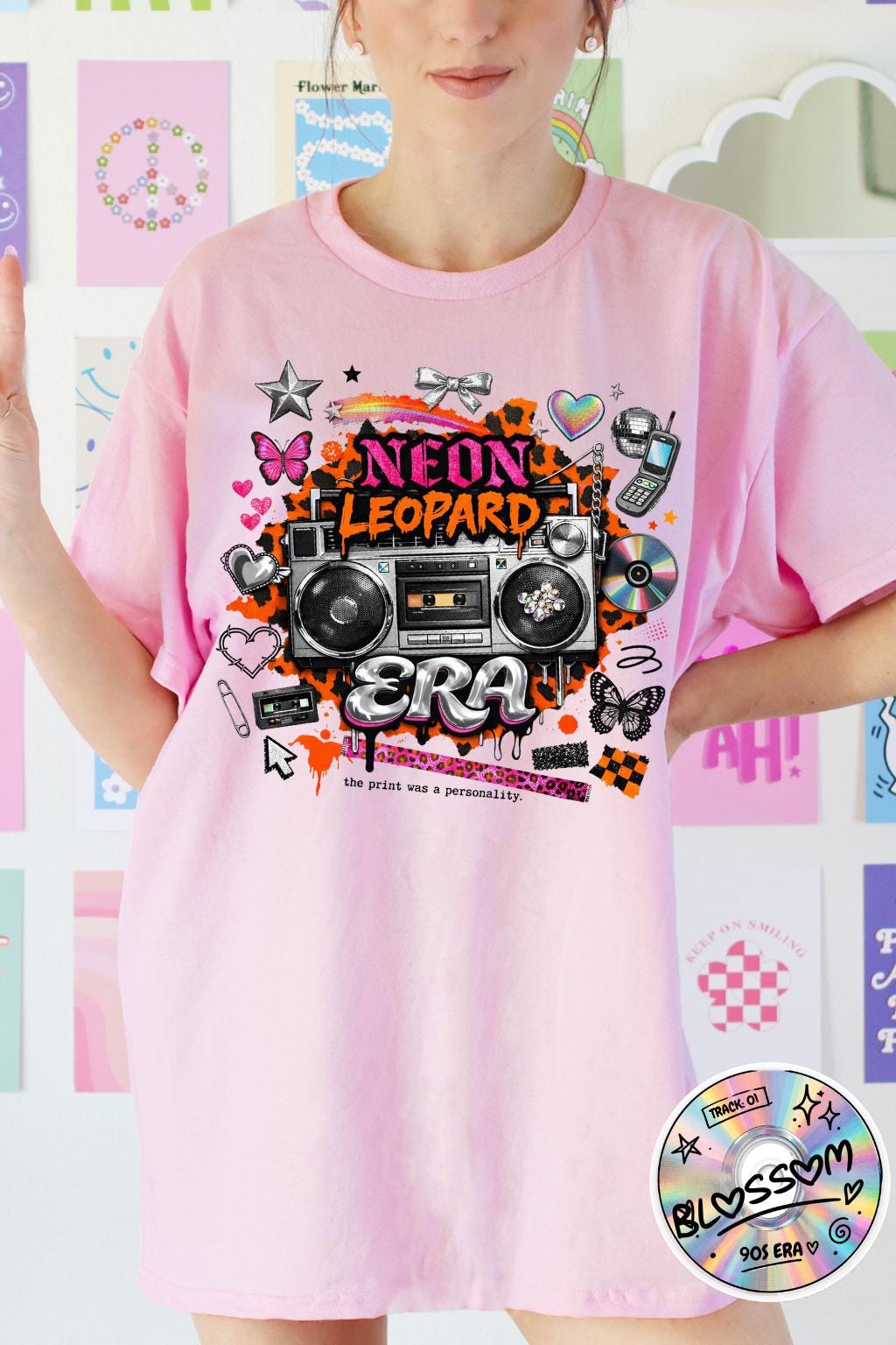 Neon Leopard Boombox Graphic T-shirt | Retro 80s Music Art