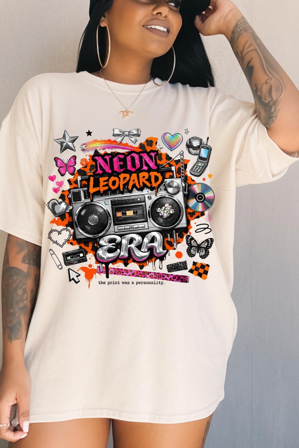 Neon Leopard Boombox Graphic T-shirt | Retro 80s Music Art