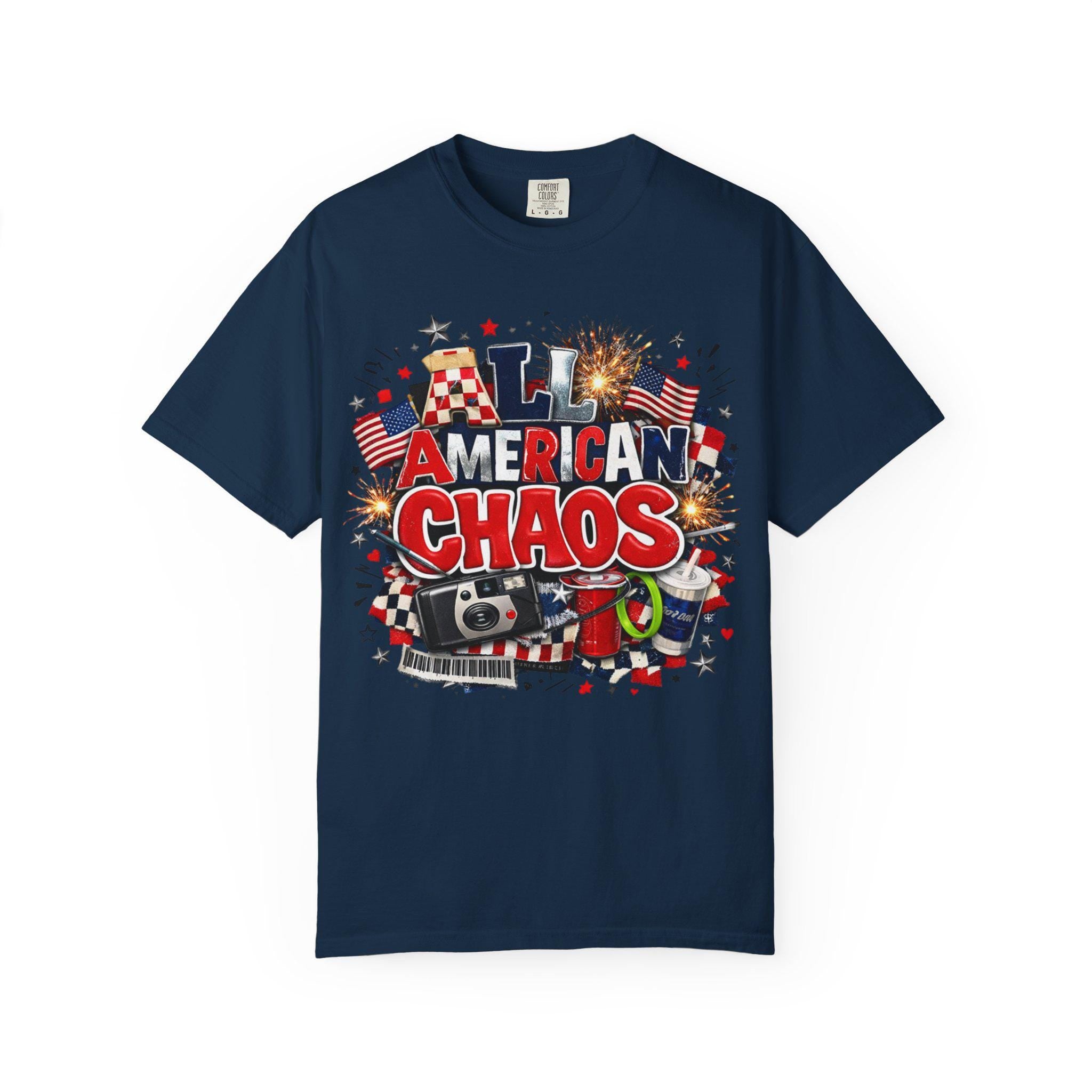 All American Chaos T-Shirt | Patriotic Fireworks Flags Vintage Radio Graphic Tee USA July 4th Independence Day Gift