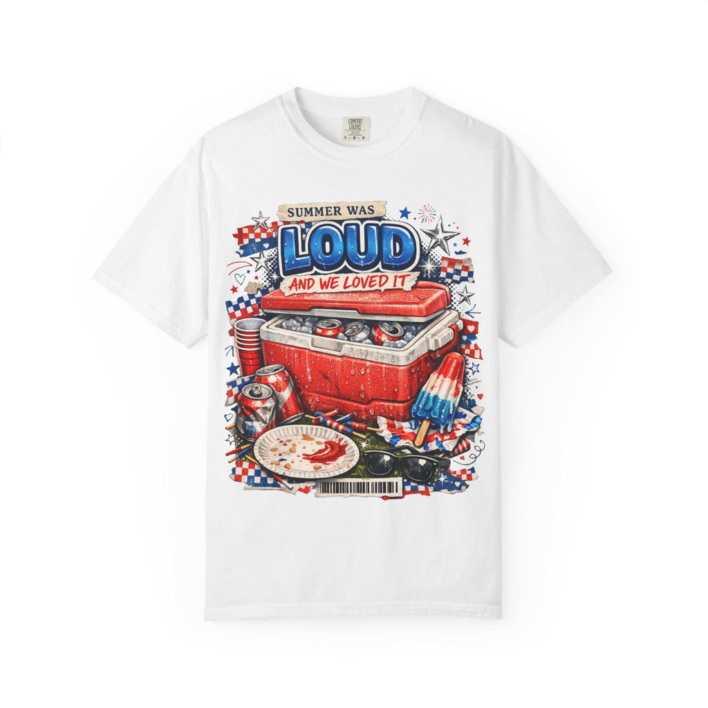 Summer Was Loud Cooler Graphic T-Shirt | Patriotic Fourth of July Vintage Festival Tee