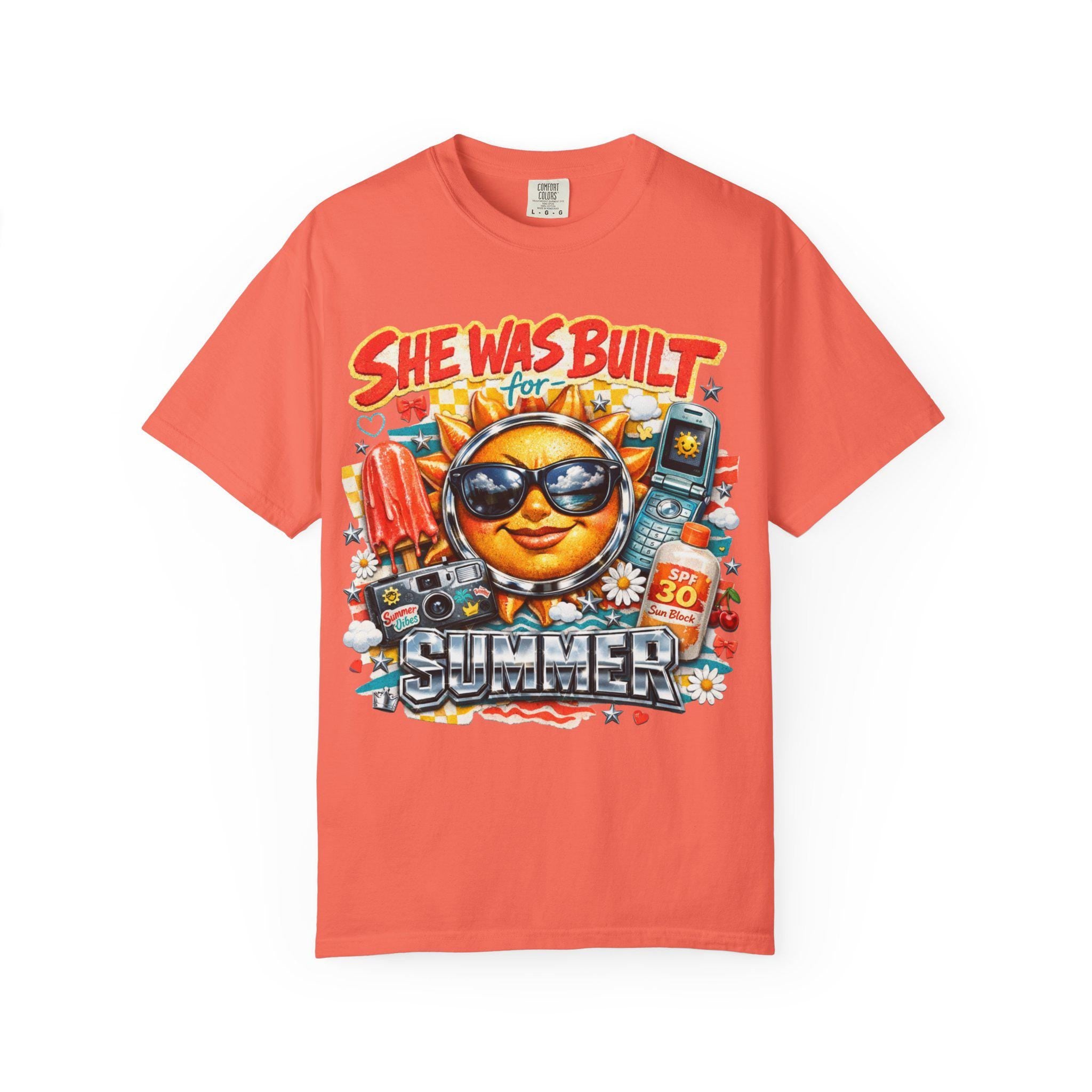 She Was Built For Summer T-Shirt | Sunshine Face Sunglasses Popsicle Retro Beach Graphic Tee