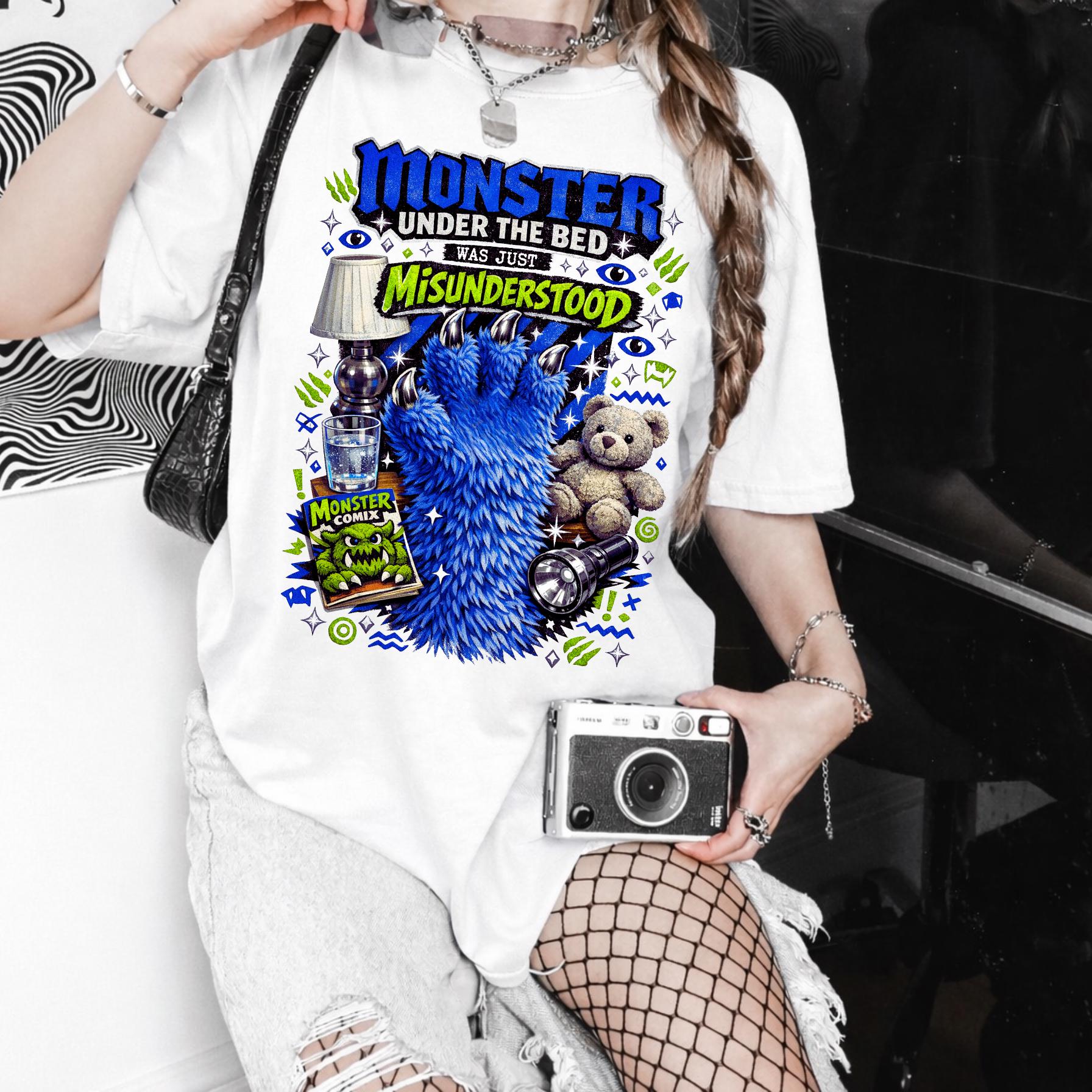 Monster Under Bed Graphic Tee | Garment-Dyed Relaxed Fit Unisex Shirt