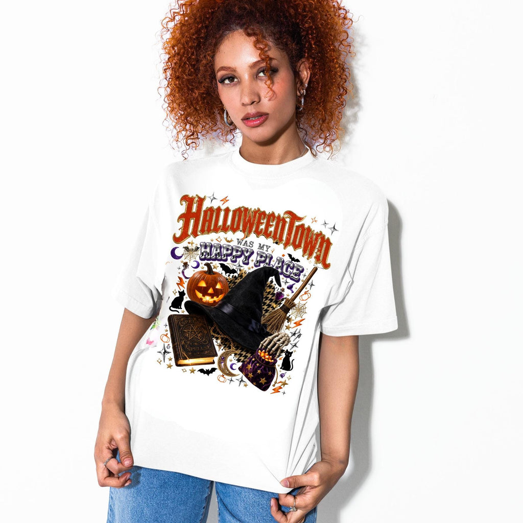 Halloween Town Witch Pumpkin Design T-Shirt | Spooky Autumn Gothic Tee Unisex Vintage Style