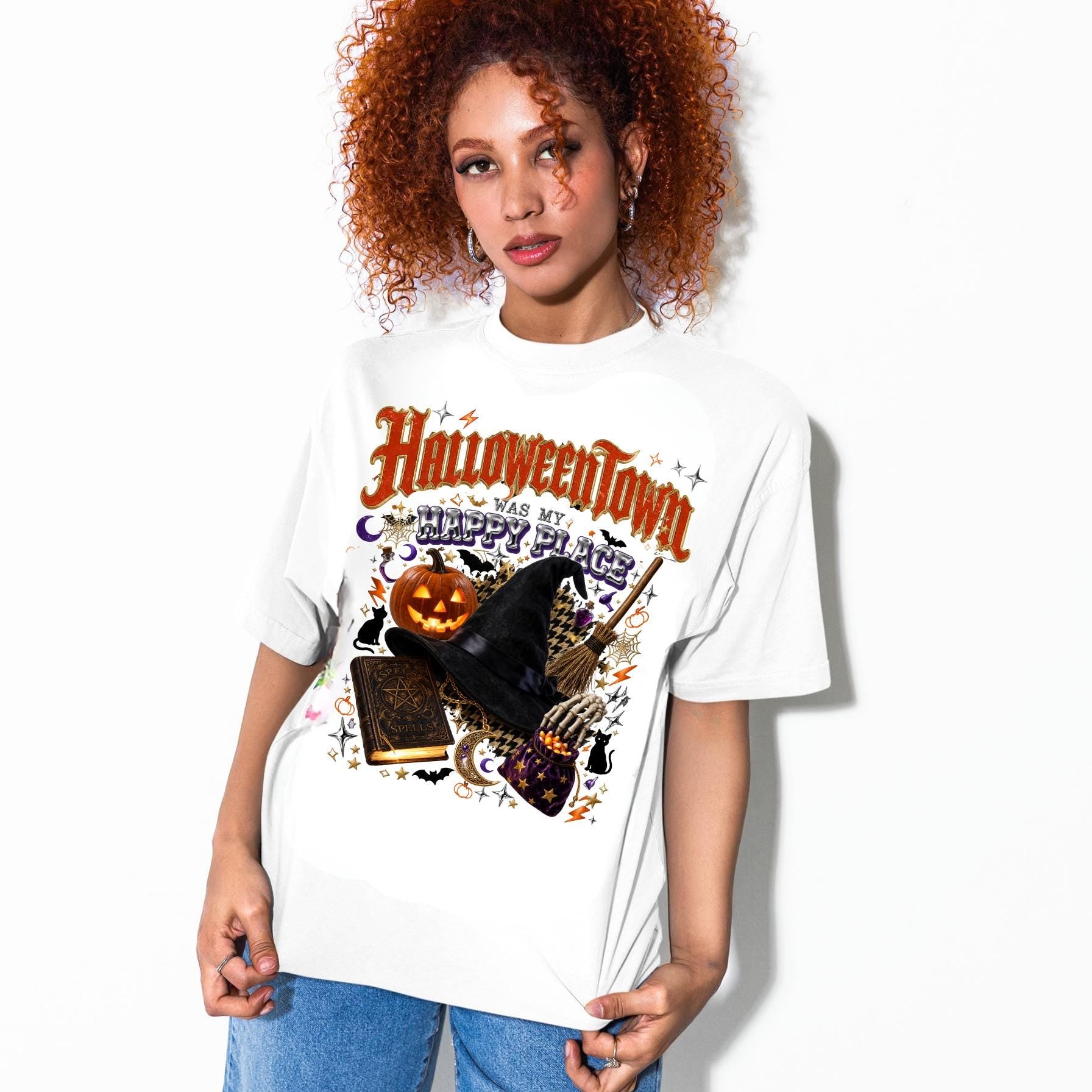 Halloween Town Witch Pumpkin Design T-Shirt | Spooky Autumn Gothic Tee Unisex Vintage Style