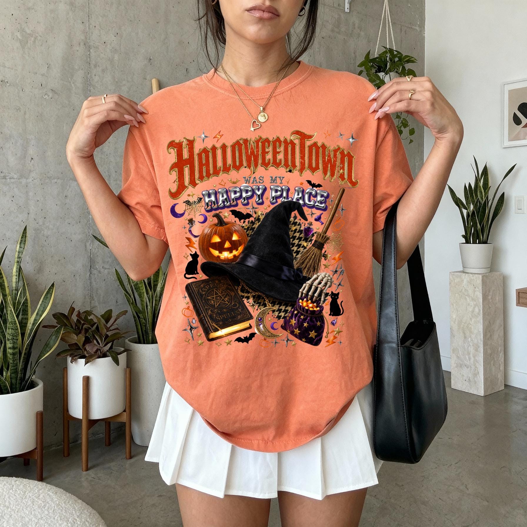 Halloween Town Witch Pumpkin Design T-Shirt | Spooky Autumn Gothic Tee Unisex Vintage Style