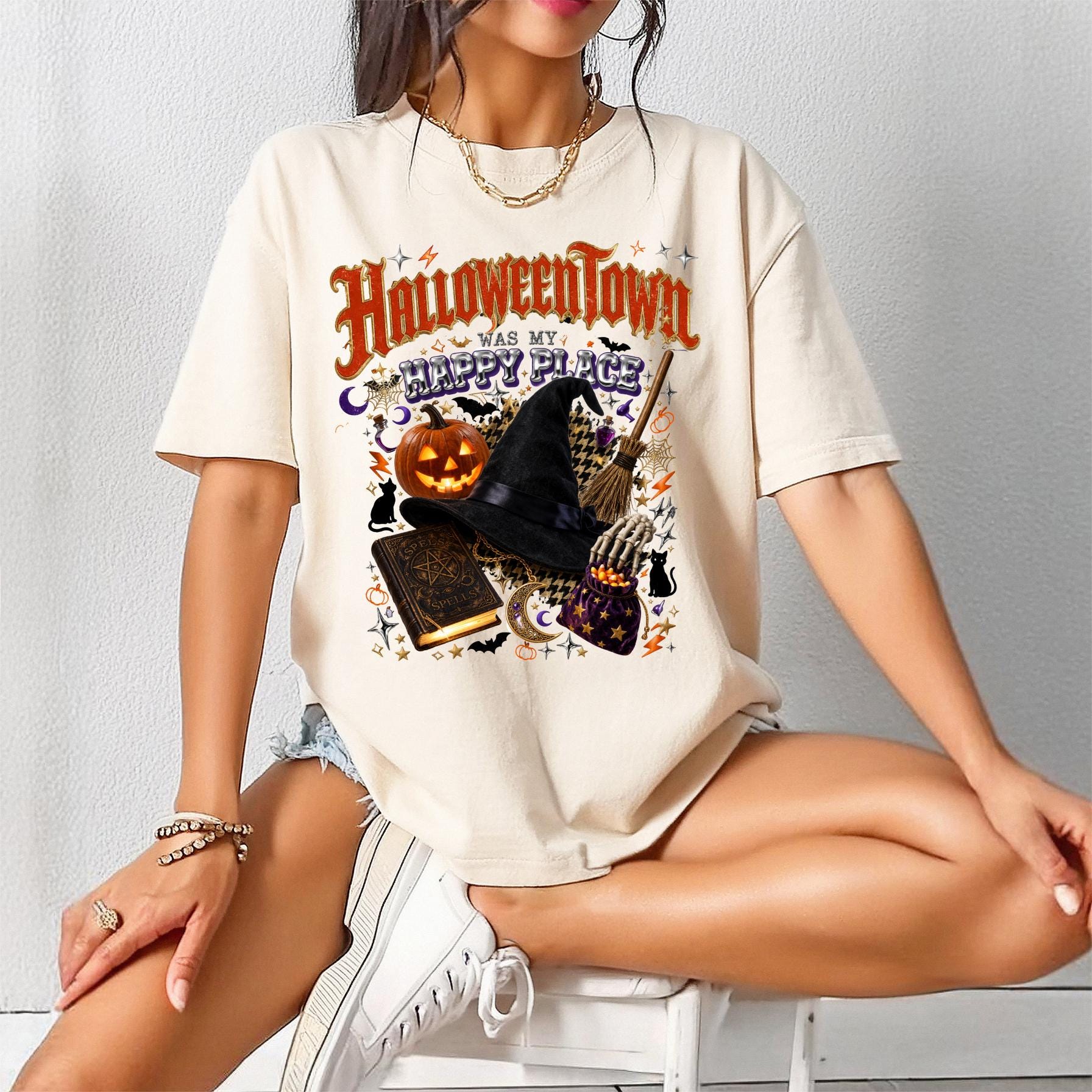 Halloween Town Witch Pumpkin Design T-Shirt | Spooky Autumn Gothic Tee Unisex Vintage Style