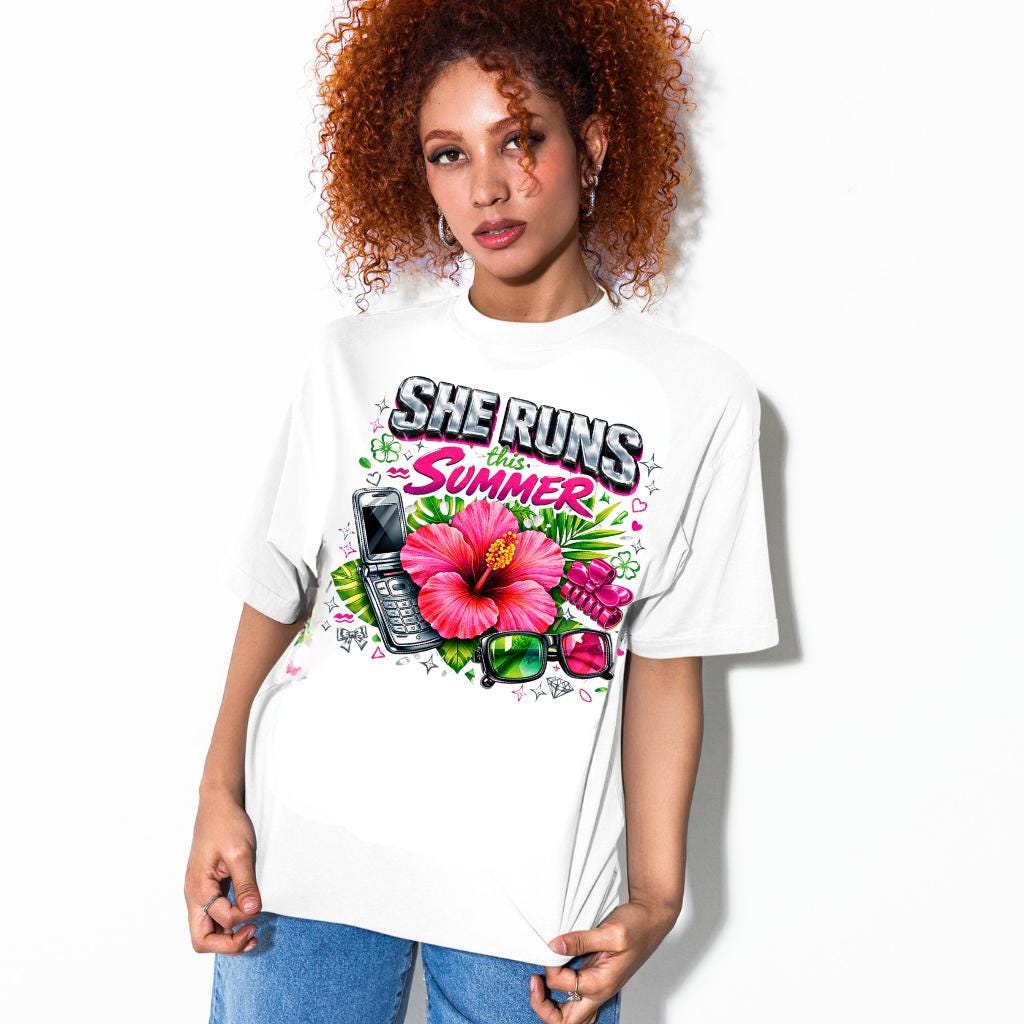 She Runs This Summer T-Shirt | Hibiscus Sunglasses Retro Phone Design Tropical Vacation Tee