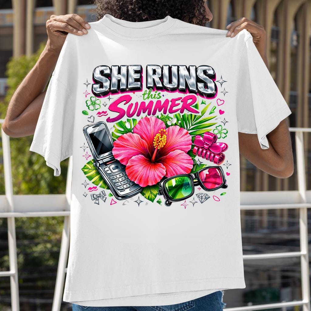 She Runs This Summer T-Shirt | Hibiscus Sunglasses Retro Phone Design Tropical Vacation Tee