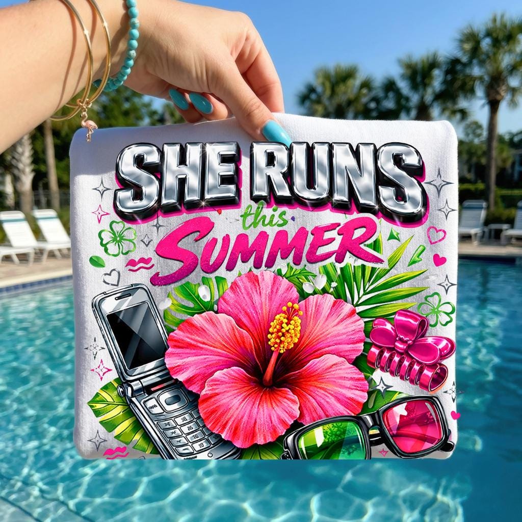 She Runs This Summer T-Shirt | Hibiscus Sunglasses Retro Phone Design Tropical Vacation Tee