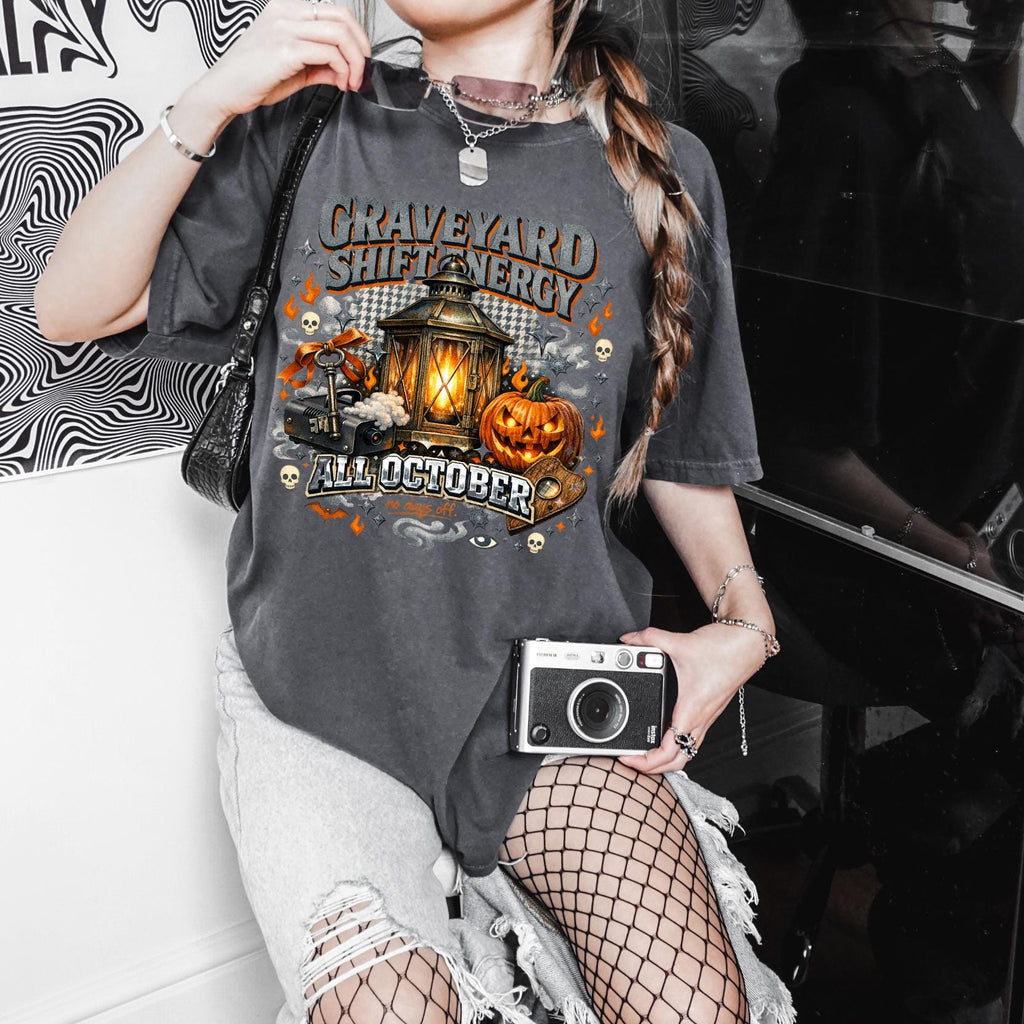 Graveyard Shift Energy Halloween T-Shirt, Spooky Pumpkin Lantern Gothic Tee