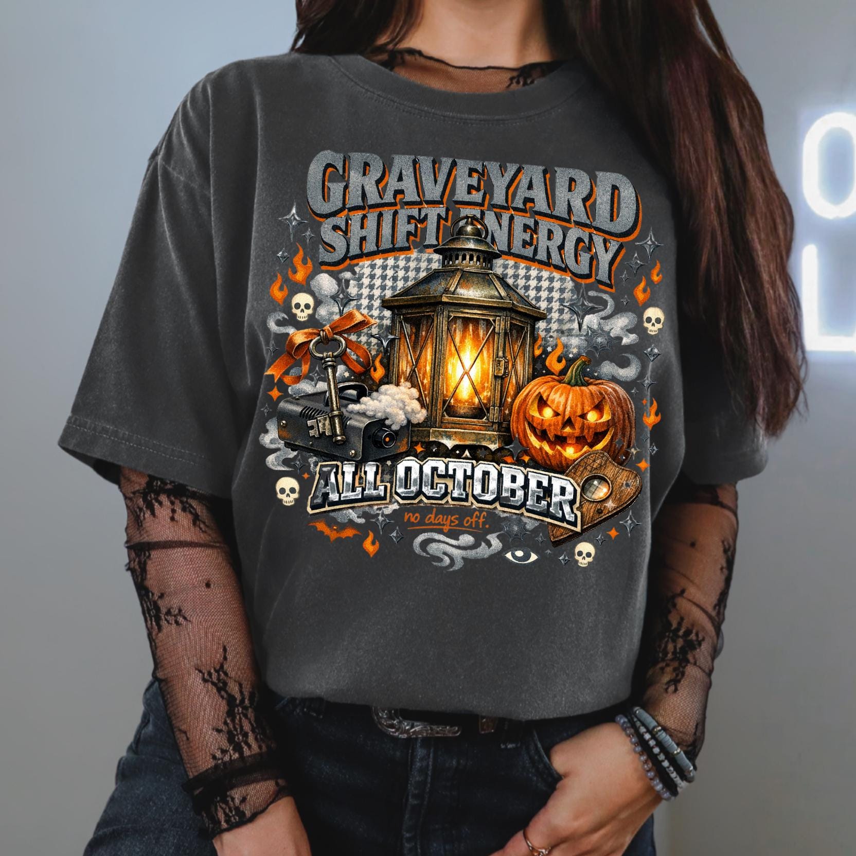 Graveyard Shift Energy Halloween T-Shirt, Spooky Pumpkin Lantern Gothic Tee