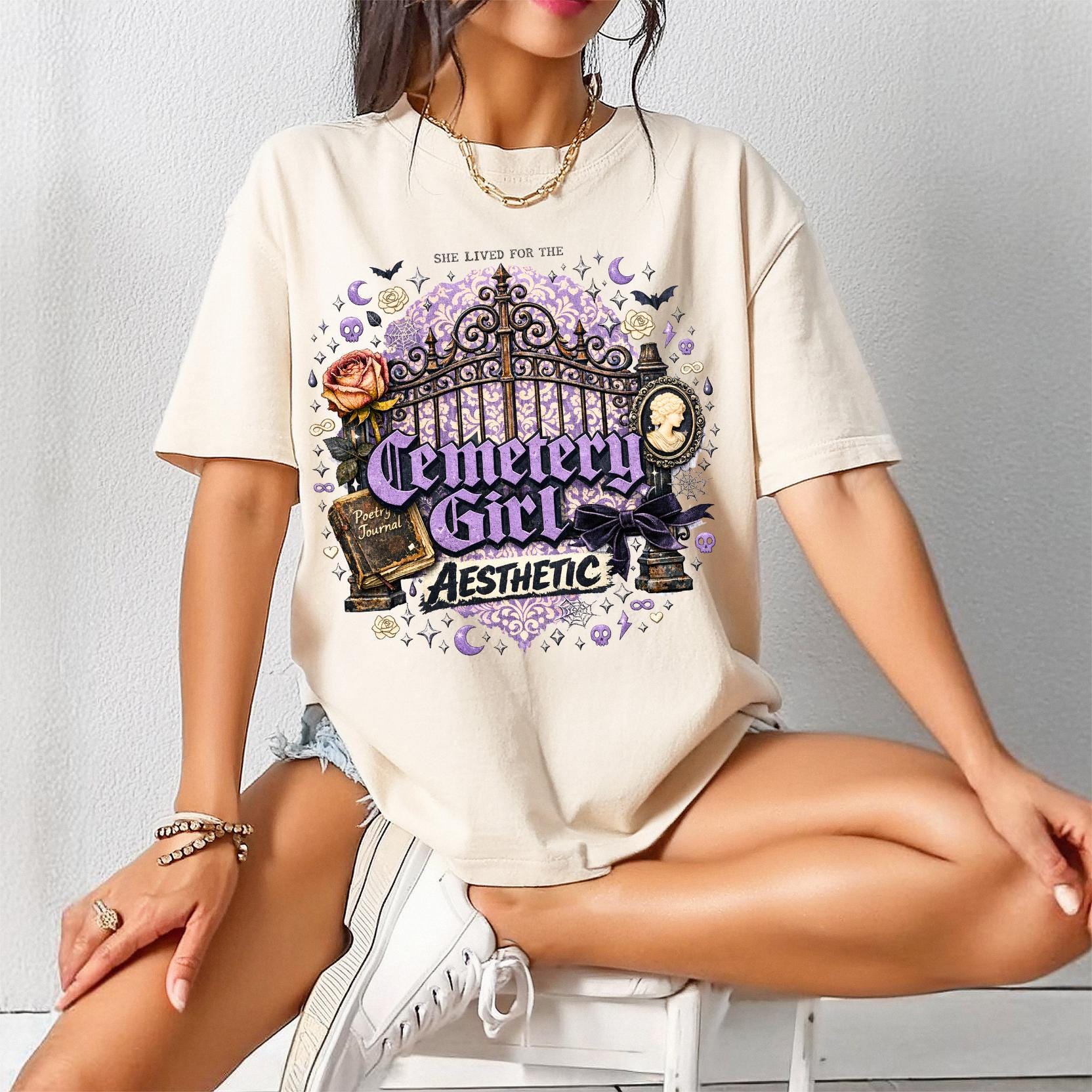 Cemetery Girl T-shirt | Gothic Graveyard Gate Vignette Design
