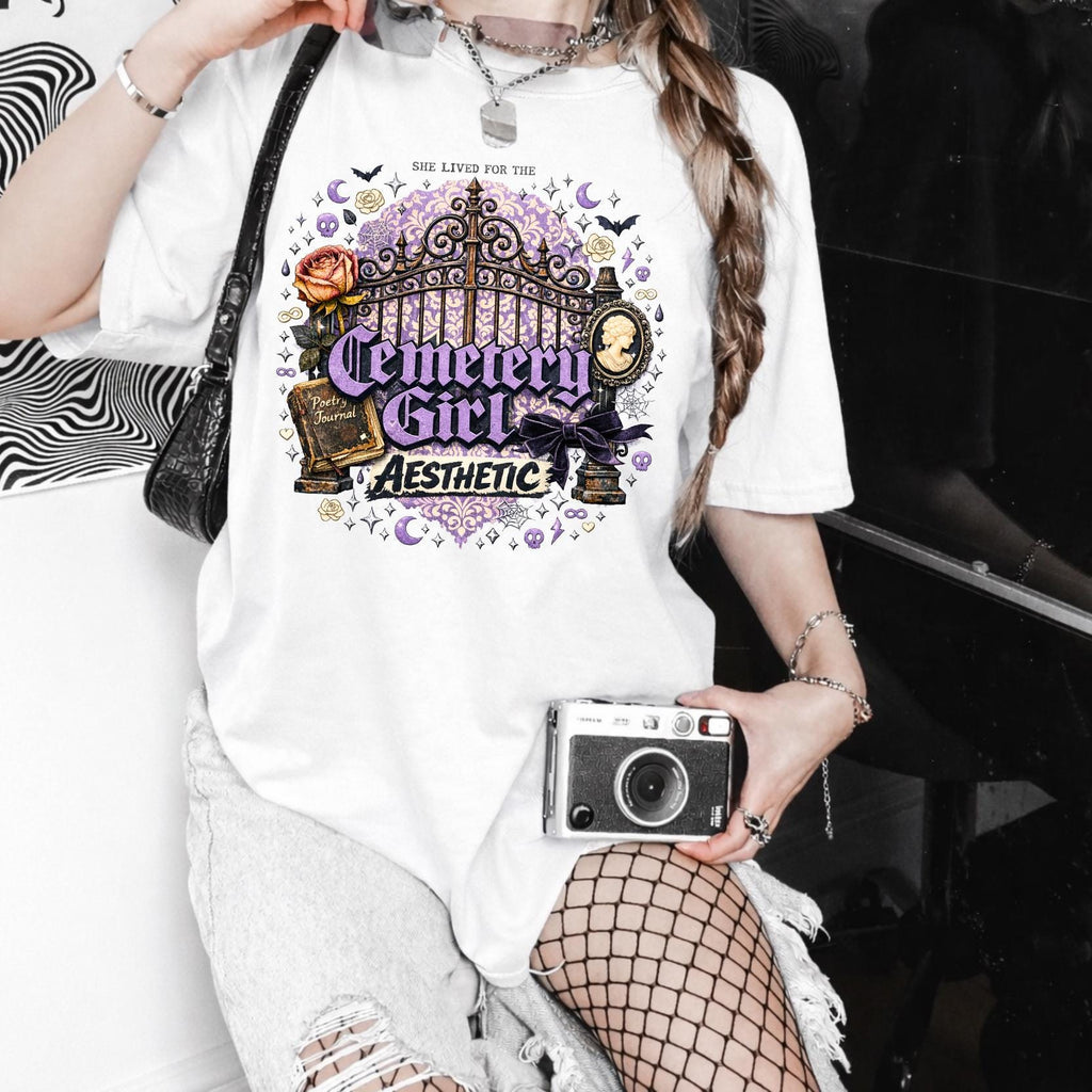 Cemetery Girl T-shirt | Gothic Graveyard Gate Vignette Design