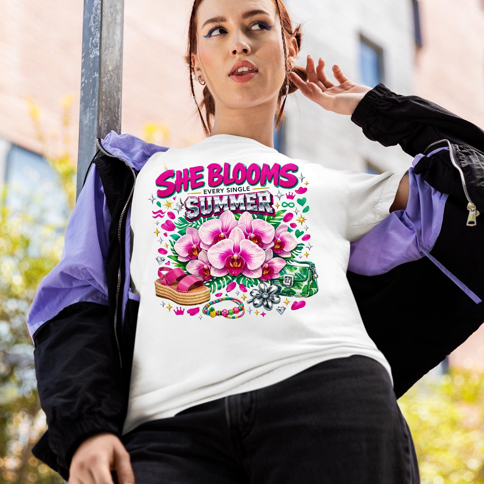 She Blooms Pink Orchid Summer T-Shirt | Botanical Garden Casual Tee