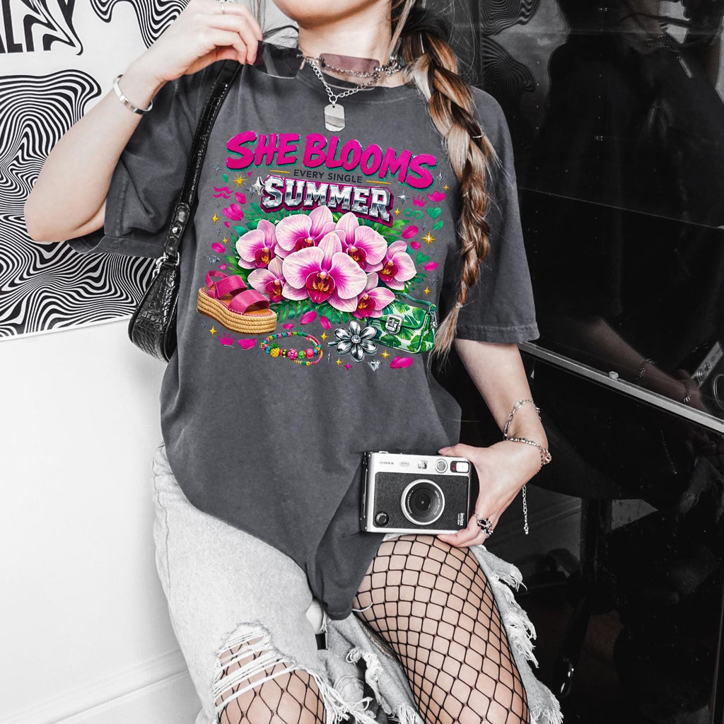 She Blooms Pink Orchid Summer T-Shirt | Botanical Garden Casual Tee