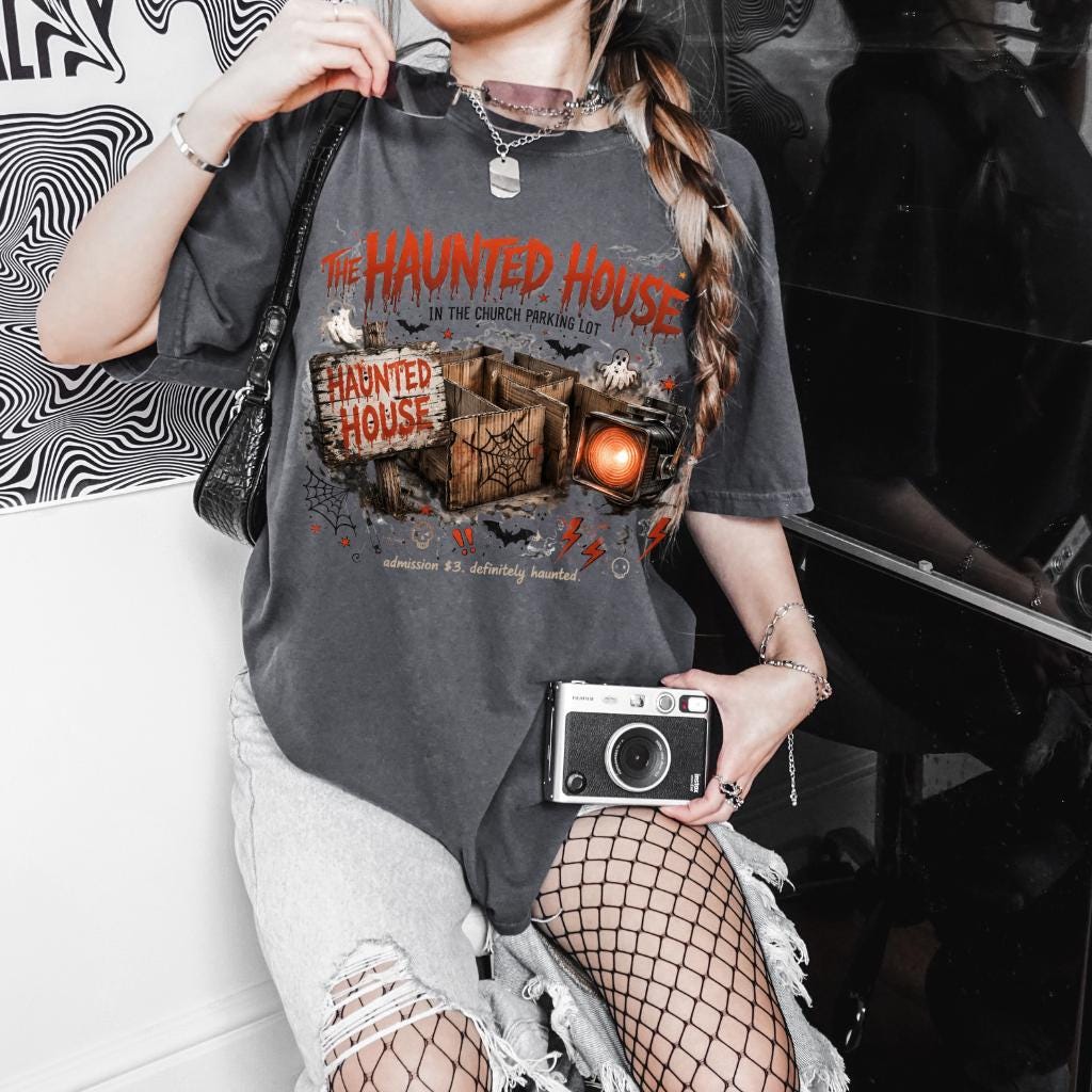 Vintage Haunted Mansion Graphic T-Shirt | Spooky Halloween Horror Illustration Tee | Gothic Ghost House Apparel