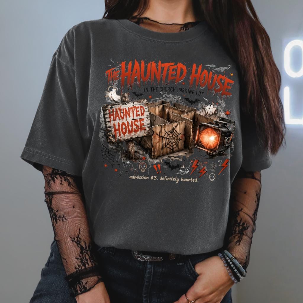 Vintage Haunted Mansion Graphic T-Shirt | Spooky Halloween Horror Illustration Tee | Gothic Ghost House Apparel