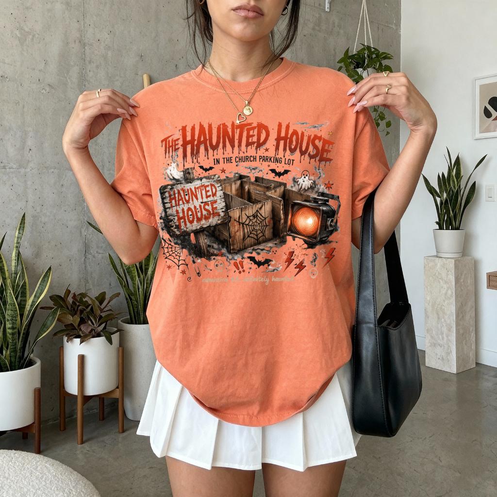 Vintage Haunted Mansion Graphic T-Shirt | Spooky Halloween Horror Illustration Tee | Gothic Ghost House Apparel